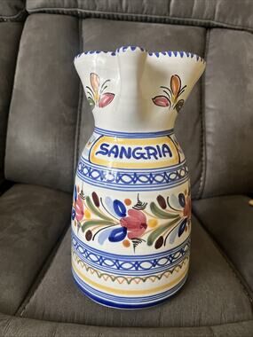 Vintage Talavera Spanish Pottery Pitcher Jug Sangria Hand Painted, Signed